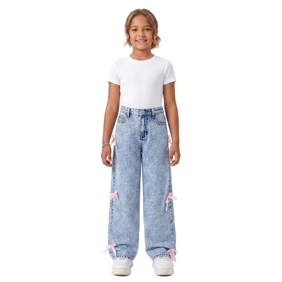 FEDPOP Girls Wide Leg Baggy Jeans, High Waisted Denim Pants with Pockets, Casual Y2K Loose Trousers for Kids, Blue, 8-14Y