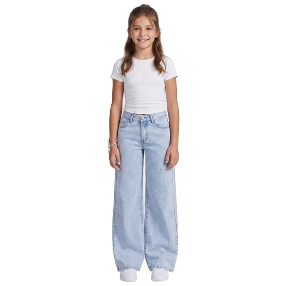FEDPOP Girls Wide Leg Baggy Jeans, High Waisted Denim Pants with Pockets, Casual Y2K Loose Trousers for Kids, Blue, 8-14Y