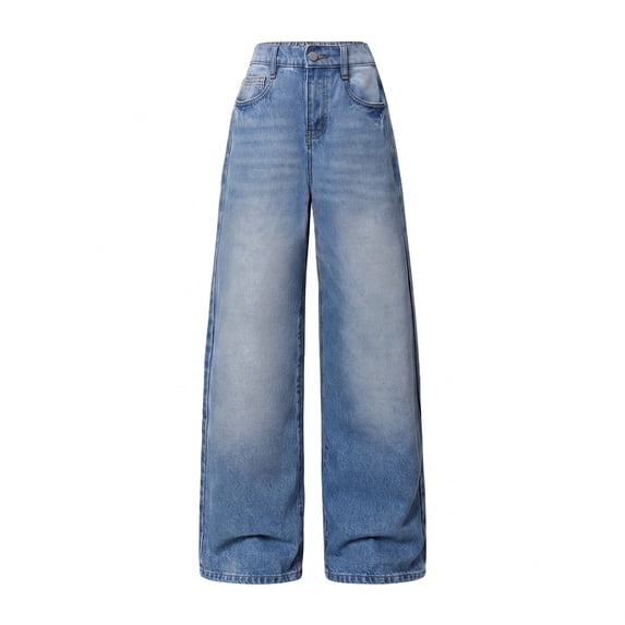 FEDPOP Girls Wide Leg Baggy Jeans, High Waisted Denim Pants with Pockets, Casual Y2K Loose Trousers for Kids, Blue, 8-14Y
