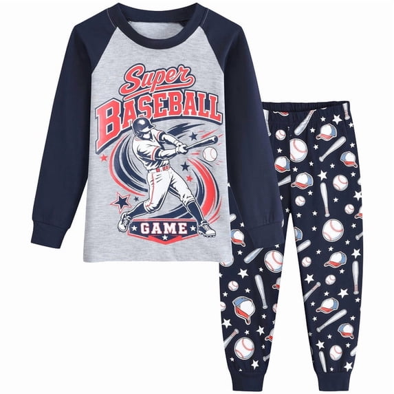 FEDPOP Kids Baseball Graphic Pajamas 2-Piece Long Sleeve Cotton Sleepwear Set Size 4T