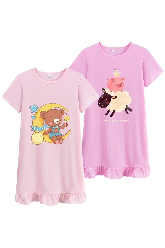 Little Girl 2 pcs Nightgown Dresses Summer Cotton Sleep Pink Dress for Kids 6-7Y