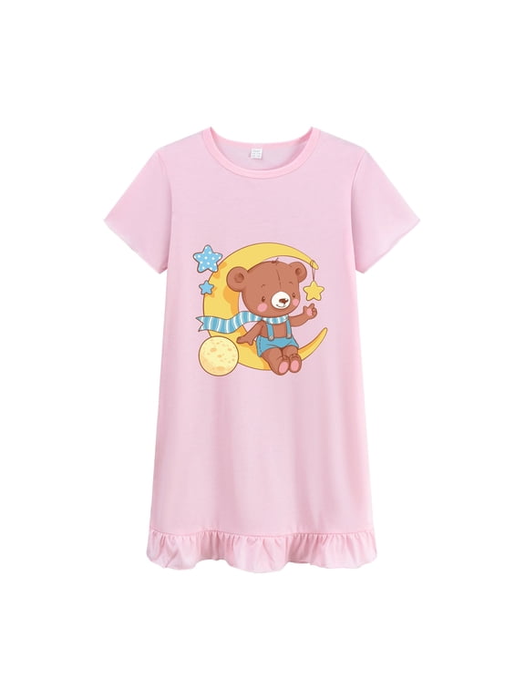 Nightgowns Dresses Cotton Sleepshirts Summer Nighties Short Sleeve Pink Dress for Kids 5T