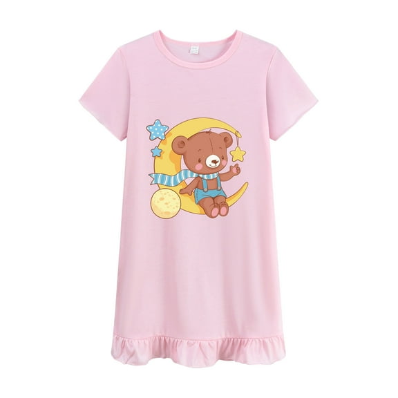 FEDPOP Nightgowns Dresses Cotton Sleepshirts Summer Nighties Short Sleeve Pink Dress for Kids 5T