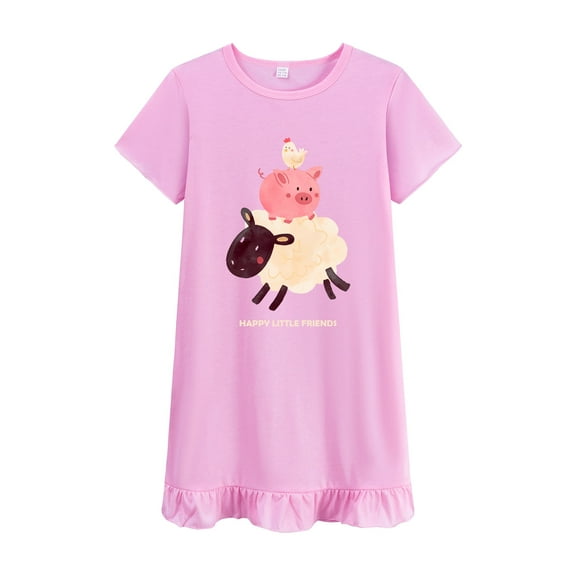 FEDPOP Nightgowns Dresses Cotton Sleepshirts Summer Nighties Short Sleeve Purple Dress for Kids 5T