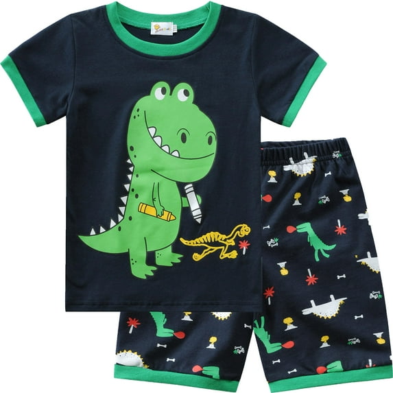 FEDPOP Toddler Boy Green Dinosaur Pajamas 100% Cotton Short Sleeve Size 4T