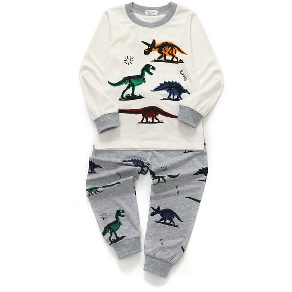 FEDPOP Toddler Boy Pajamas Set Dinosaur Cotton Long Sleeve 2 Piece Pajama Set 4T