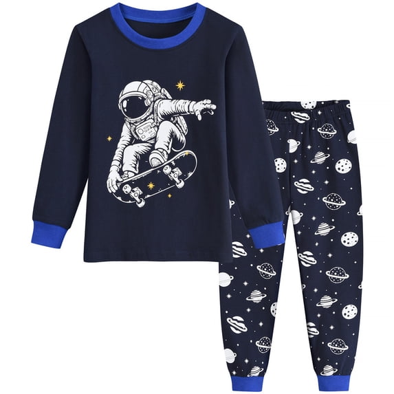 FEDPOP Toddler Boys Pajamas Astronaut Skateboarding Graphic Long Sleeve Sleepwear Kids Pjs Set Size 3T