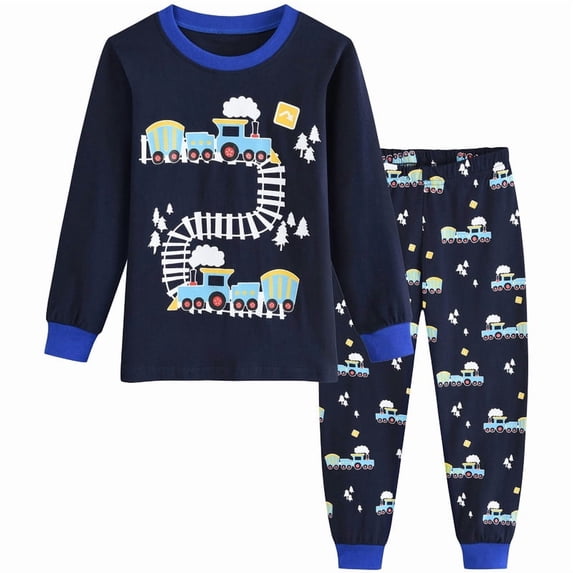 FEDPOP Toddler Boys Railway Train Graphic Pajamas 2-Piece Long Sleeve Cotton Sleepwear Set Size 4T