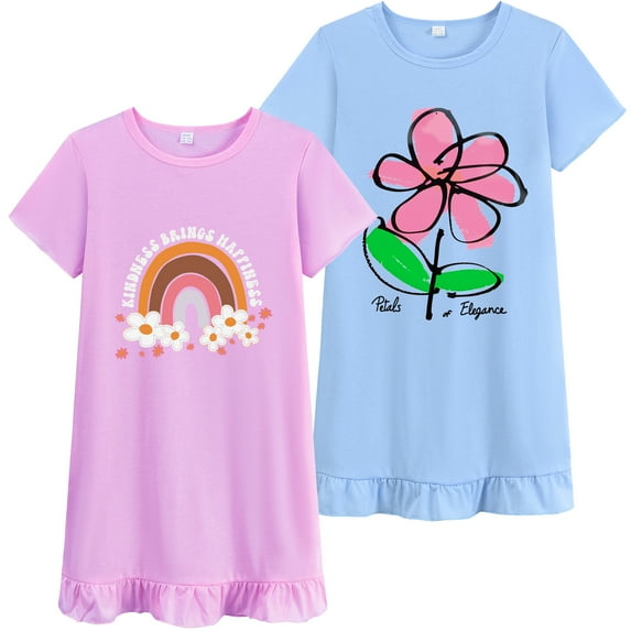 FEDPOP Toddler Girl 2-Pieces Summer Nightgown Graphic Cotton Sleep Dress for Kids 5-6Y