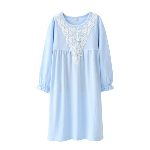 FEDPOP Toddler Girl Nightgowns Dresses Long Sleeve Sleep Dress Sleepwear Blue Clothes for Kids Size 5-6 Year