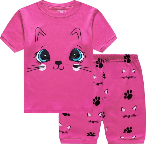 FEDPOP Toddler Girls Cute Cat Summer Pjs 100% Cotton Short Set Sleepwear Size 3t