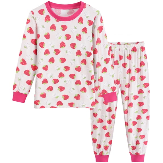 FEDPOP Toddler Girls Pajamas Bamboo Viscose Kids Long Sleeve Snug fit Strawberry Printed Pjs 2pcs Set 4T