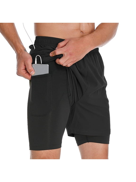 Men's 2 in 1 Running Shorts Black Quick Dry Athletic Shorts With Pockets,up to 3XL