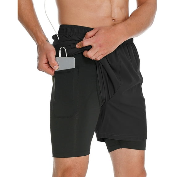 FEDTOSING Men's 2 in 1 Running Shorts Black Quick Dry Athletic Shorts With Pockets,up to 3XL