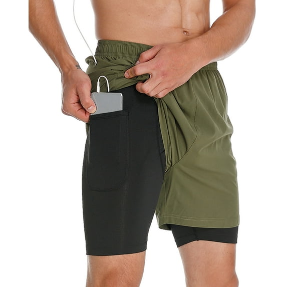 FEDTOSING Men's 2 in 1 Running Shorts Green Quick Dry Athletic Shorts With Pockets,up to 3XL