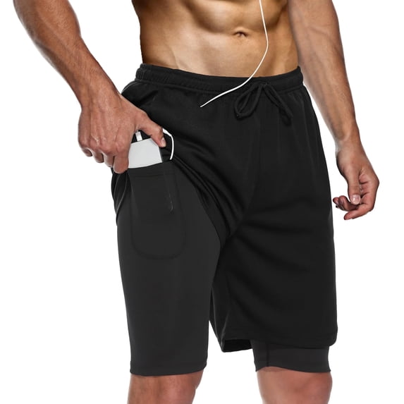 FEDTOSING Men's 2 in 1 Running Shorts Quick Dry Workout Athletic Shorts with Pocket Black,up to 3XL
