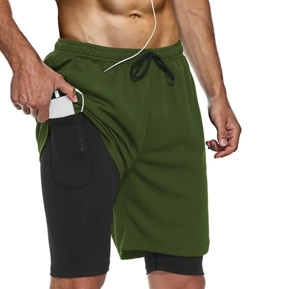 FEDTOSING Men's 2 in 1 Running Shorts Quick Dry Workout Athletic Shorts with Pocket Green,up to 3XL