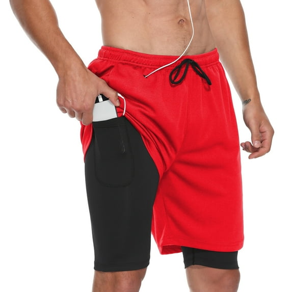 FEDTOSING Men's 2 in 1 Running Shorts Quick Dry Workout Athletic Shorts with Pocket Red,up to 3XL