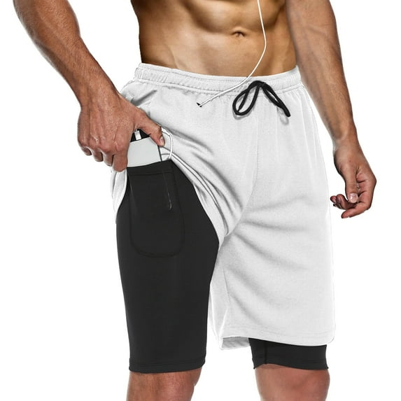 FEDTOSING Men's 2 in 1 Running Shorts Quick Dry Workout Athletic Shorts with Pocket White,up to 3XL