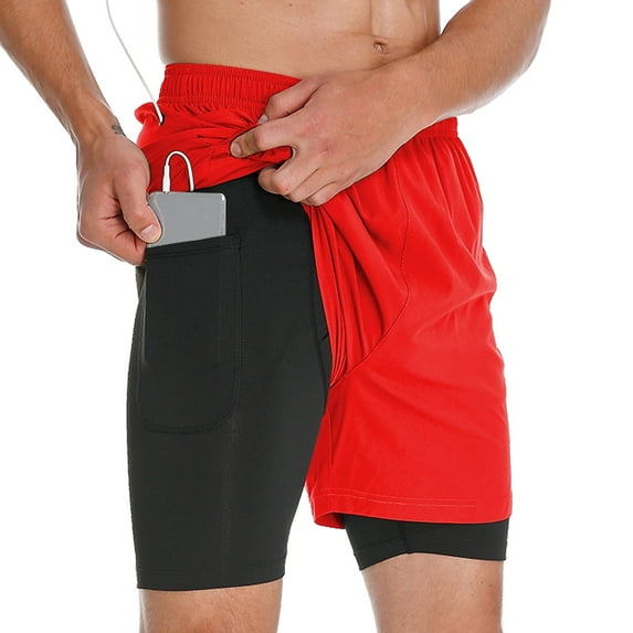 FEDTOSING Men's 2 in 1 Running Shorts Red Quick Dry Athletic Shorts With Pockets,up to 3XL