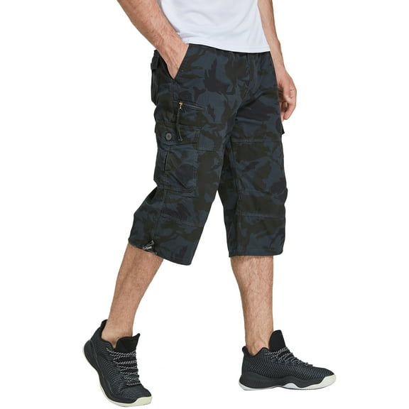 FEDTOSING Men's 3/4 Long Capri Shorts Casual Elastic Waist Cotton Relaxed Fit Cargo Shorts Black