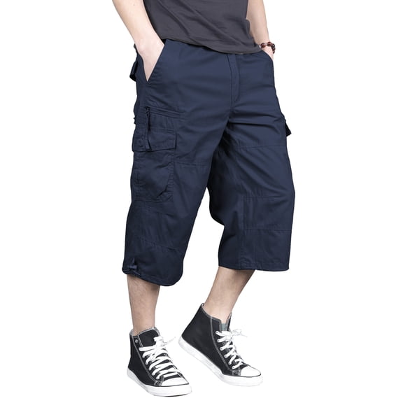 FEDTOSING Men's 3/4 Long Capri Shorts Casual Elastic Waist Cotton Relaxed Fit Cargo Shorts Black