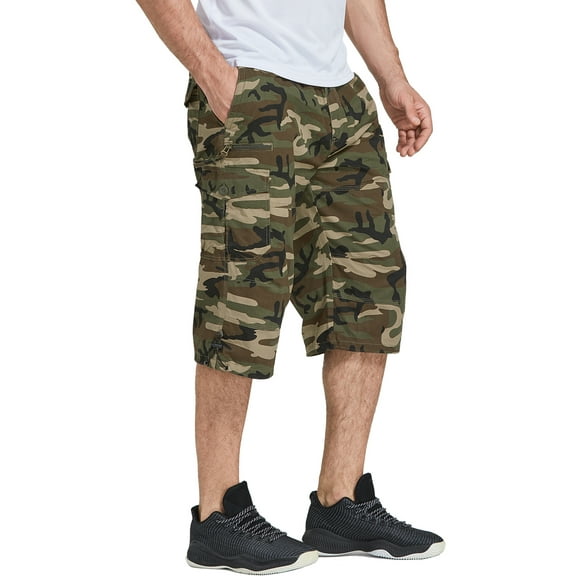 FEDTOSING Men's 3/4 Long Capri Shorts Casual Elastic Waist Cotton Relaxed Fit Cargo Shorts Black