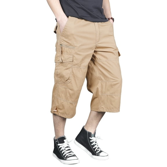 FEDTOSING Men's 3/4 Long Capri Shorts Casual Elastic Waist Cotton Relaxed Fit Cargo Shorts Black