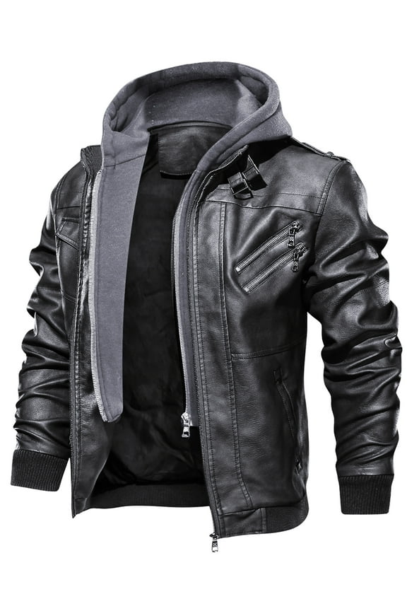 Men's Faux Leather Jacket Retro Zip-UP Stand Collar Motorcycle Bomber Jackets with Removable Hood