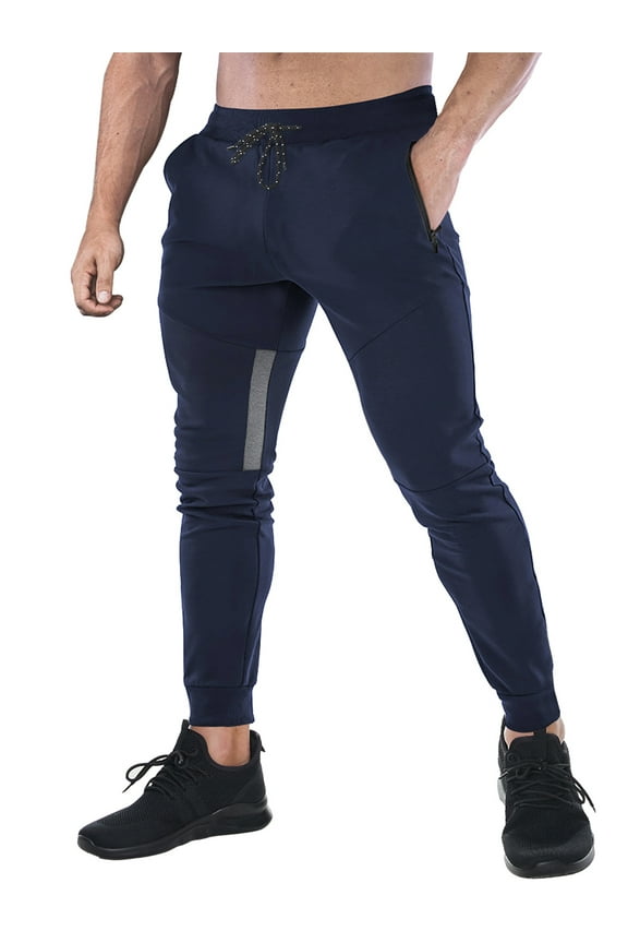 Men's Gym Sweatpants Drawstring Navy Running Joggers Trackpants with Zipper Pockets