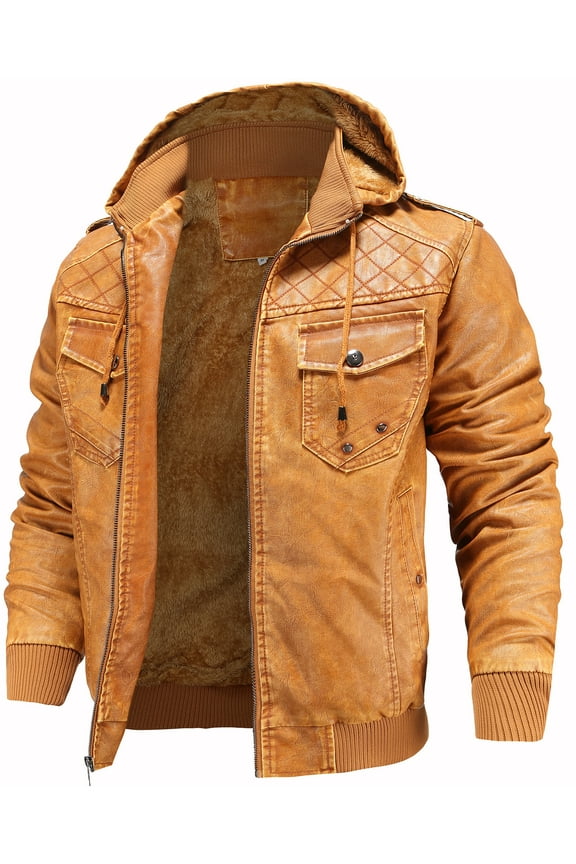 Men’s Leather Jacket and Coats Casual Stand Collar Vintage PU Faux Leather Zip-Up Motorcycle Bomber Jacket With Removable Hood Black S