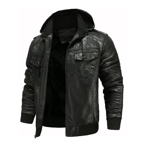 FEDTOSING Men’s Leather Jacket and Coats Casual Stand Collar Vintage PU Faux Leather Zip-Up Motorcycle Bomber Jacket With Removable Hood Yellow L