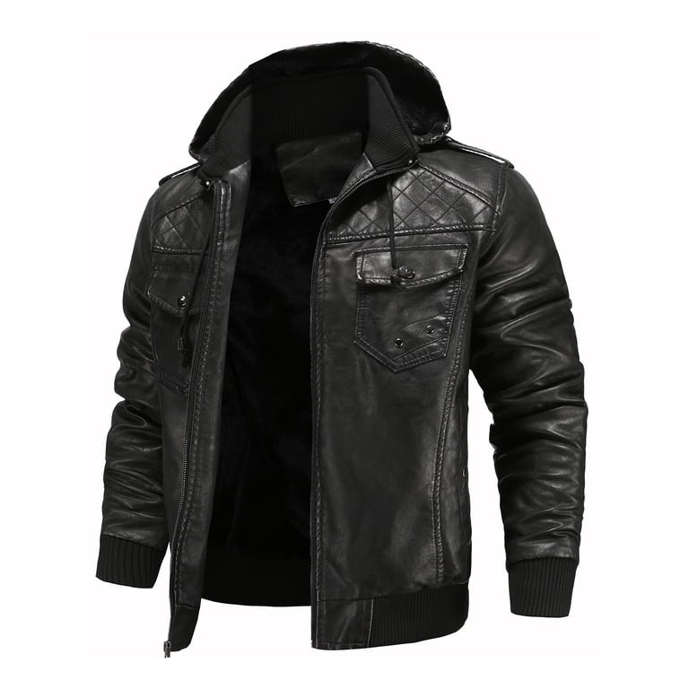 FEDTOSING Men's Biker Jacket, PU Faux Leather, Zip-Up, Removable