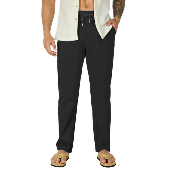 FEDTOSING Mens Casual Pants Summer Elastic Waist Pleated Drawstring Beach Pants for Men with Pockets, Sizes 30-38