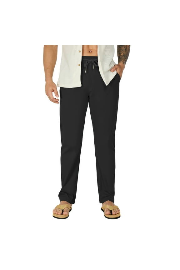 Mens Casual Pants Summer Elastic Waist Pleated Drawstring Beach Pants for Men with Pockets, Sizes 30-38