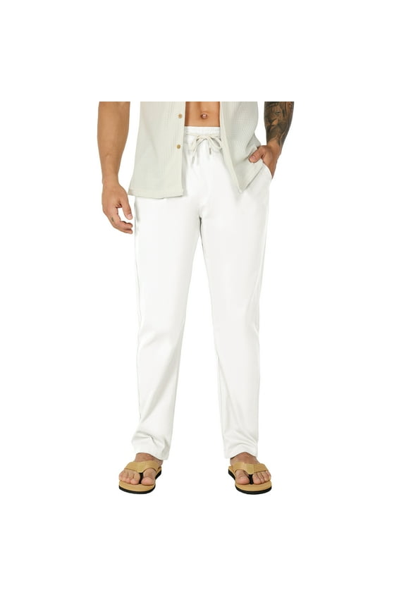 Mens Casual Pants Summer Elastic Waist Pleated Drawstring Beach Pants for Men with Pockets, Sizes 30-38