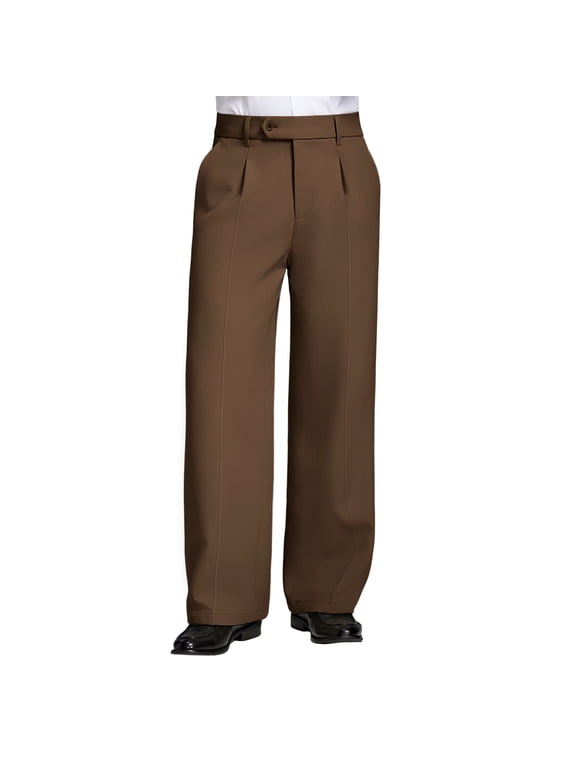 Mens Fleece Lined Dress Pants Old Money Baggy Wide Leg Pleated Warm Heavyweight Trousers