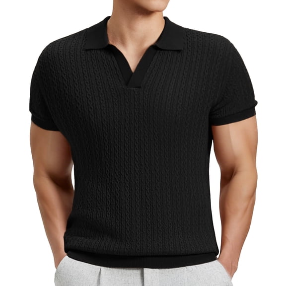 FEDTOSING Mens Knit Shirts Old Money Textured Short Sleeve V Veck Polo Sweater Summer Casual Shirt