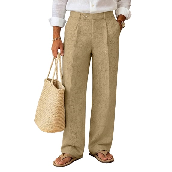 FEDTOSING Mens Linen Casual Dress Pants Old Money Pleated Baggy Wide Leg Vintage Relaxed Fit Trousers