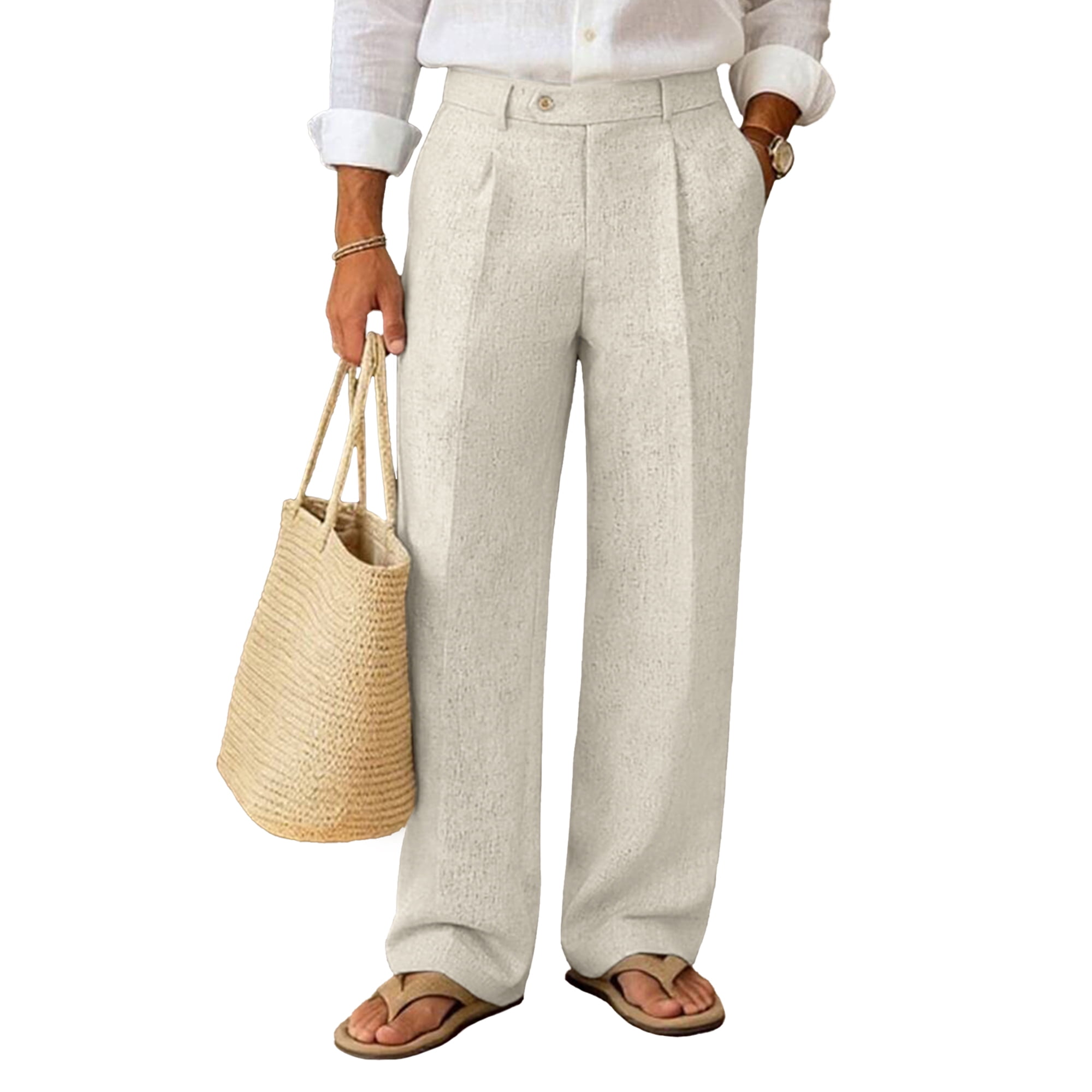FEDTOSING Mens Linen Casual Dress Pants Old Money Pleated Baggy Wide ...