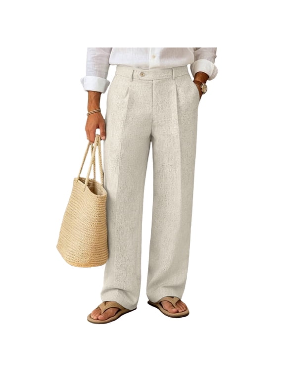 Mens Linen Casual Dress Pants Old Money Pleated Baggy Wide Leg Vintage Relaxed Fit Trousers