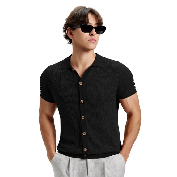 FEDTOSING Mens Old Money Knitted Shirts Short Sleeve Cardigan Button Down Polo