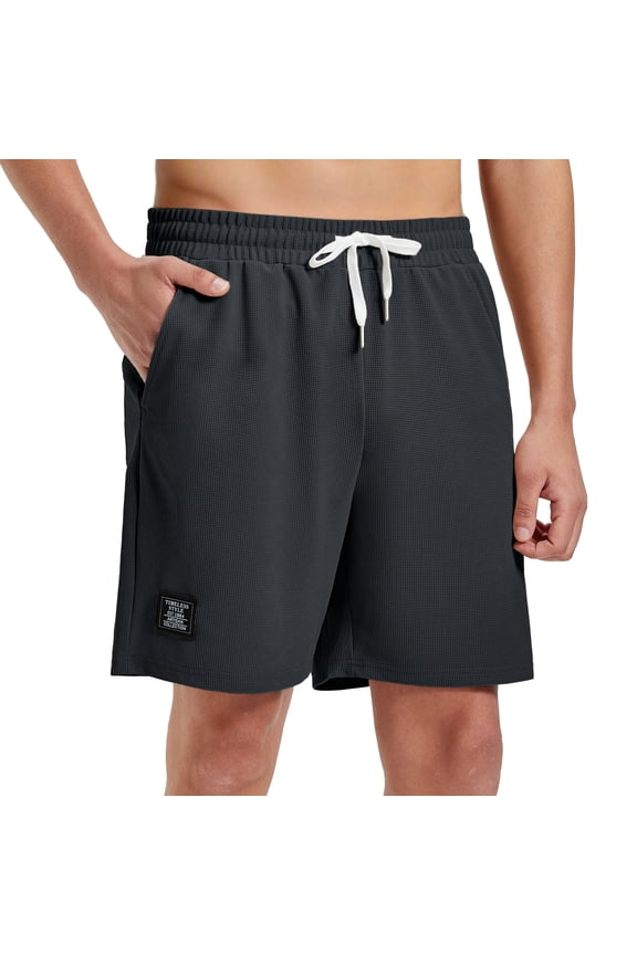 Mens Waffle Shorts Summer Casual 7" Drawstring Elastic Waist Short with Pockets Beach Vocation