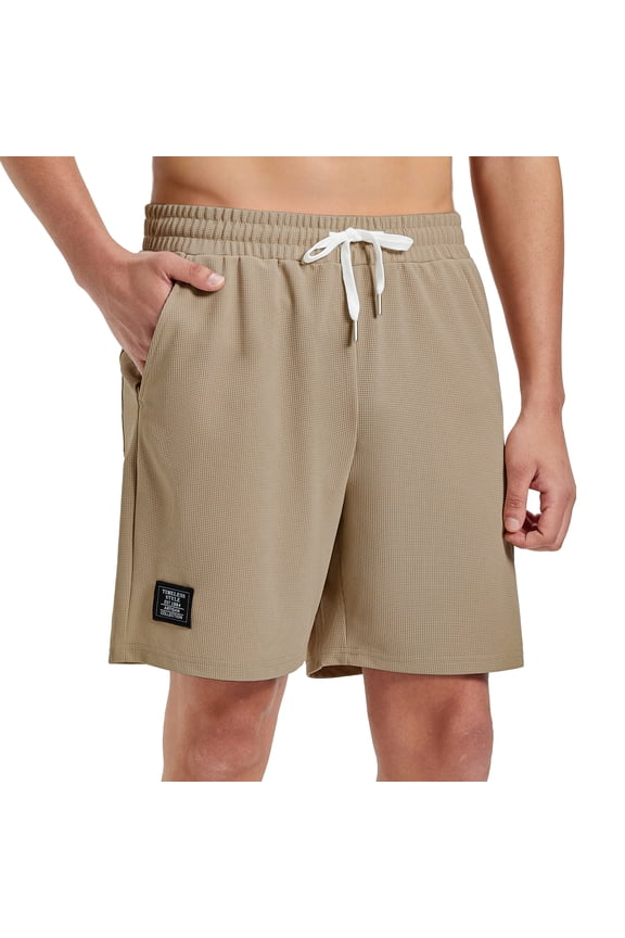 Mens Waffle Shorts Summer Casual 7" Drawstring Elastic Waist Short with Pockets Beach Vocation