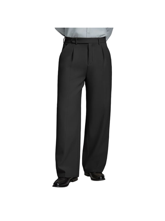Mens Wide Leg Fleece Lined Dress Pants Old Money Baggy Elastic Waist Relaxed Trousers