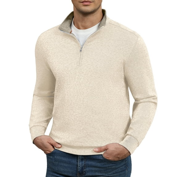 FEDTOSING Quarter Zip Pullover Sweater Men Vintage Fall V Neck Long Sleeve Polo Fleece Jacket