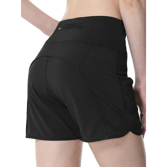 FEDTOSING Women Athletic Shorts Elastic Running Shorts Quick Dry Gym Black Workout Shorts Liner 4",up to Size 2XL