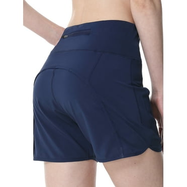 FEDTOSING Women Athletic Shorts Elastic Running Shorts Quick Dry Gym Navy Workout Shorts Liner 4",up to Size 2XL