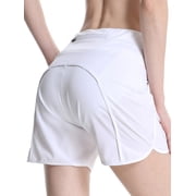 FEDTOSING Women Athletic Shorts Elastic Running Shorts Quick Dry Gym White Workout Shorts Liner 4",up to Size 2XL