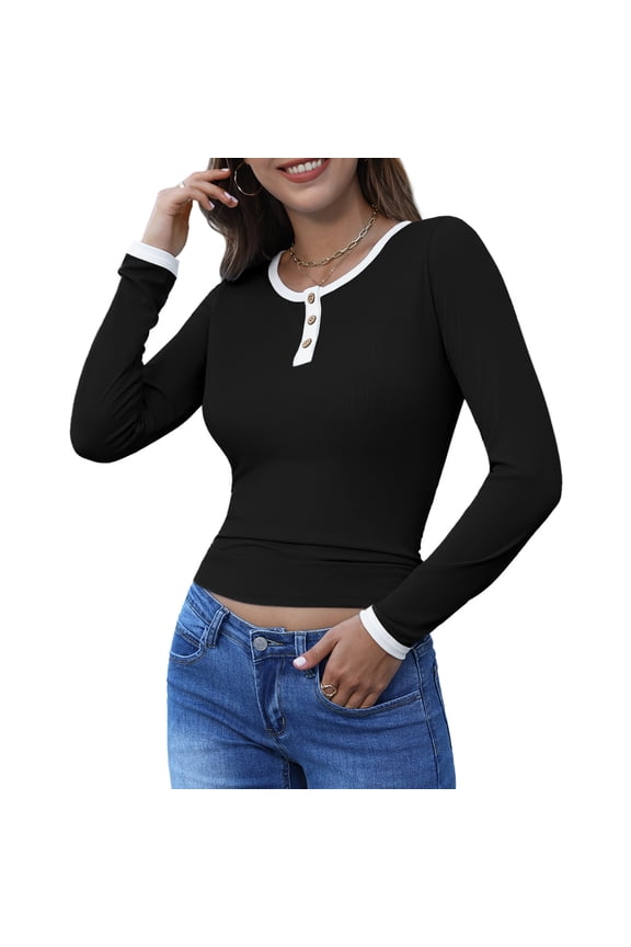 Women’s Long Sleeve Henley T Shirts Button Down Tops Ribbed Knit Shirts Casual Basic Tops